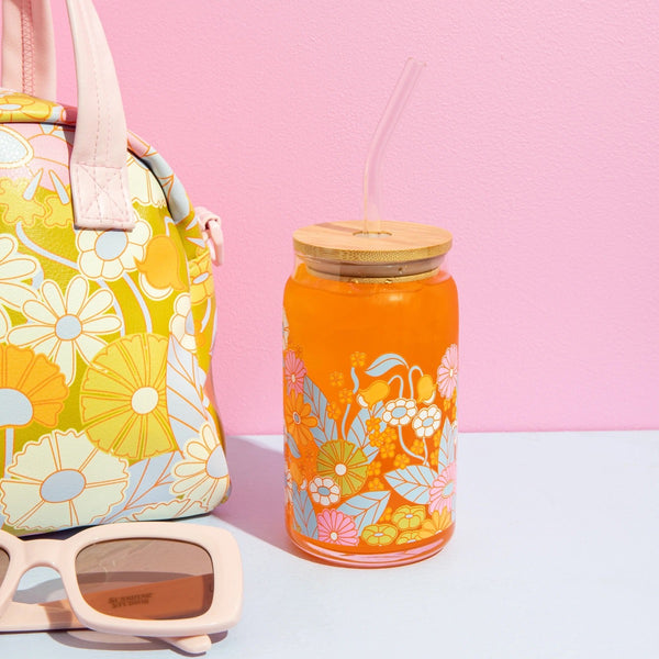 Gatherin' Flowers Can Glass with Lid & Straw