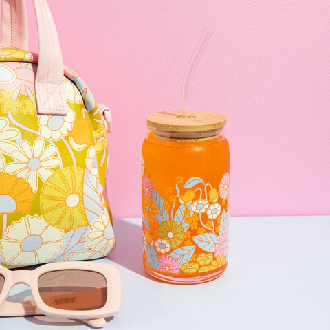 Gatherin' Flowers Can Glass with Lid & Straw