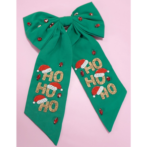 HO HO HO Beaded Hair Bow Clip