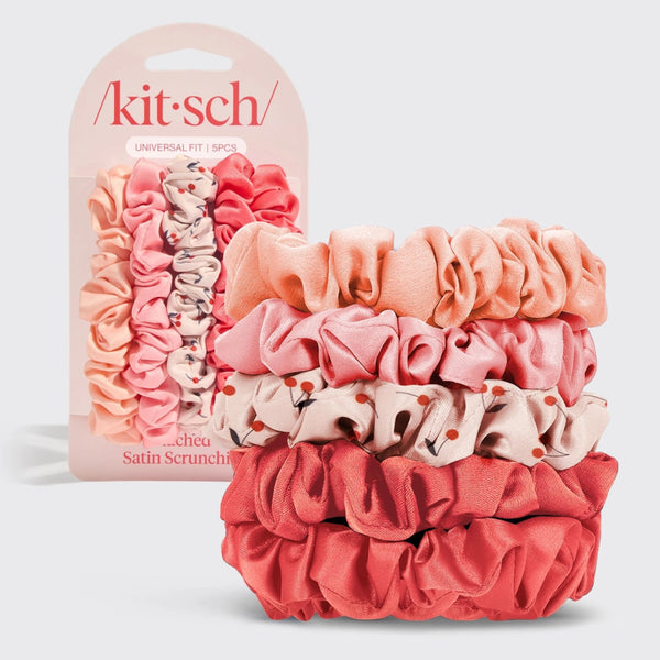 5pc Ruched Satin Scrunchies - Cherry