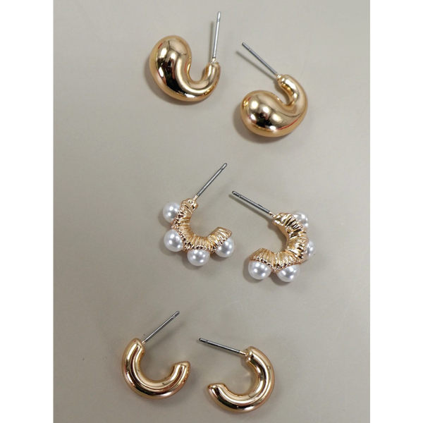 Trio Huggie Pearl Gold Hoop Earring Set