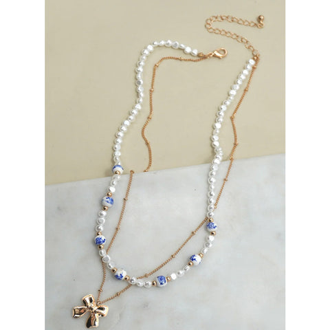 Ceramic Pearl Bow Necklace