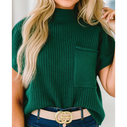 Patch Pocket Ribbed Short Sleeve Sweater