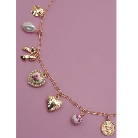 Ceramic Porcelain Bow Heart Charm Necklace