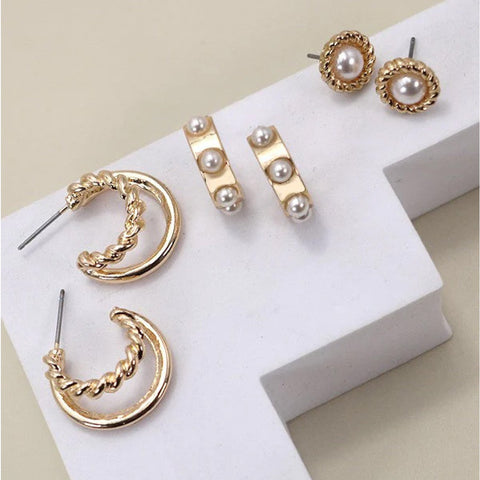 Gold Pearl Hoop Stud Set