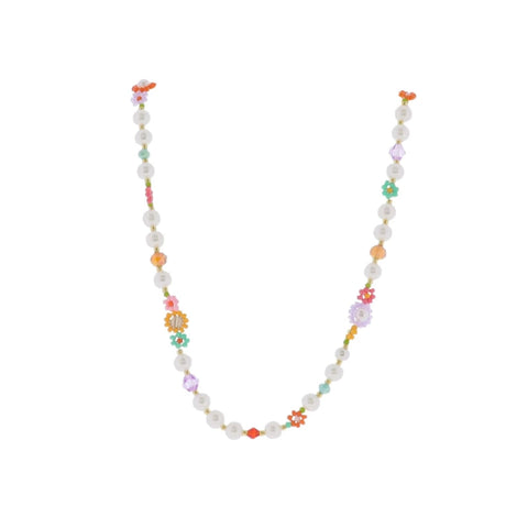 Orange, Teal, Pink Flower & Pearl Necklace