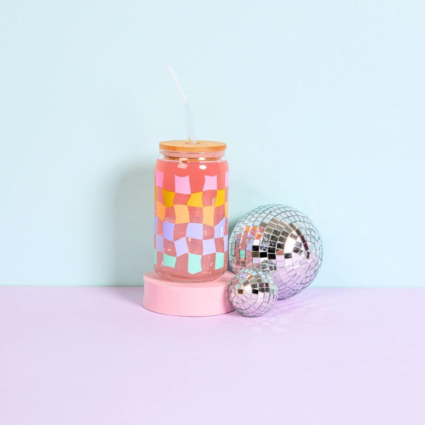 Carnival Check Can Glass with Lid & Straw