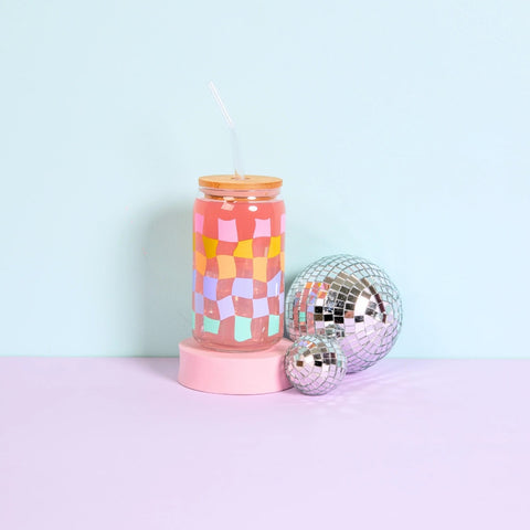 Carnival Check Can Glass with Lid & Straw
