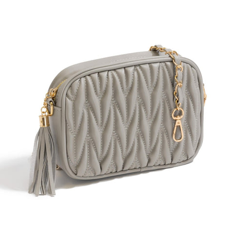 Quilted Tassel Crossbody Purse: Grey