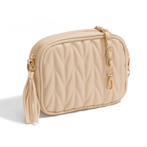 Quilted Tassel Crossbody Purse: Cream