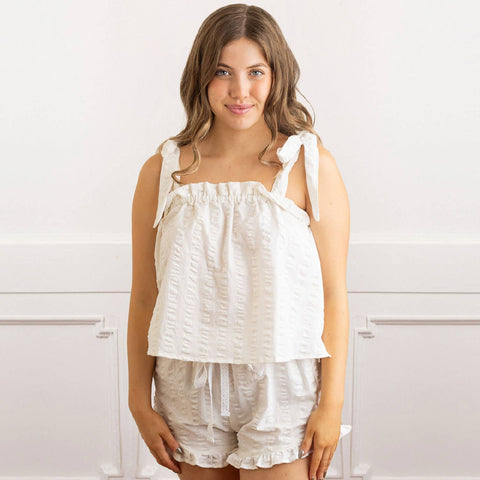 White Textured Stripe Tie Top Ruffle Sleep Set - Heidisonline