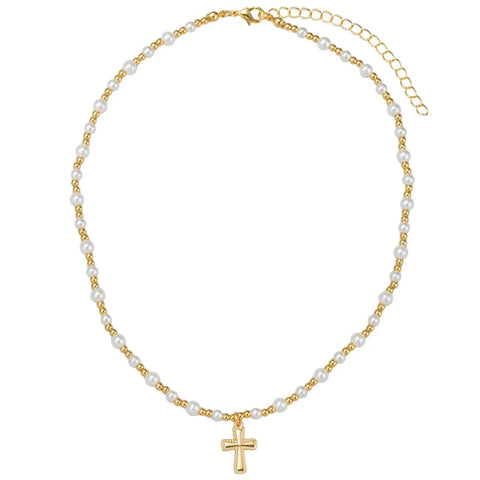 18K Gold Plated & Pearl Beaded Cross Necklace