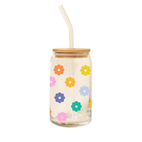 Daisy Can Glass with Lid & Straw