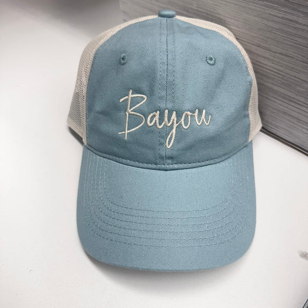 Bayou Script Light Blue Mesh Back Cap