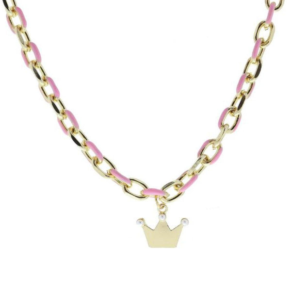 Pink Enamel Chain Necklace: Crown