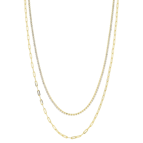 18K Gold Plated Double Stranded Crystal Paperclip Chain Necklace