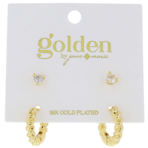 18K Gold Crystal Stud, Twist Hoop Earrings
