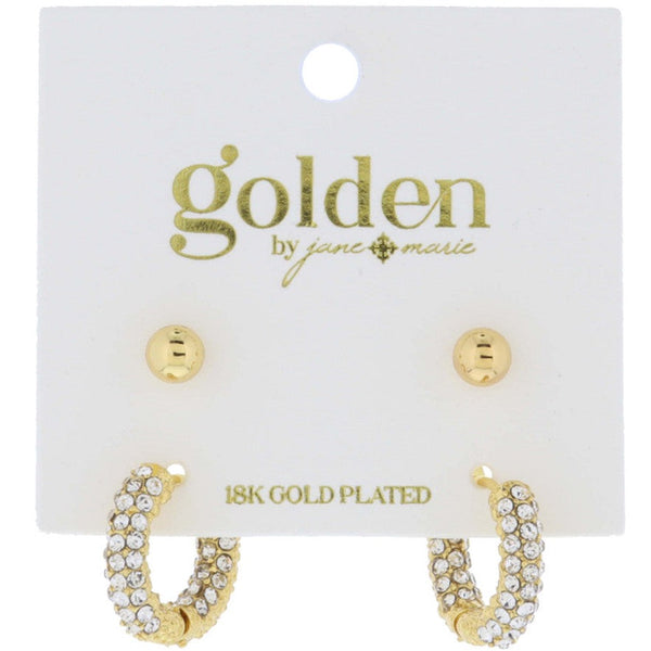 18K Gold Ball Stud, Pave Hoop Earrings