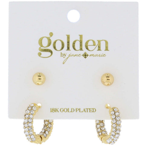 18K Gold Ball Stud, Pave Hoop Earrings