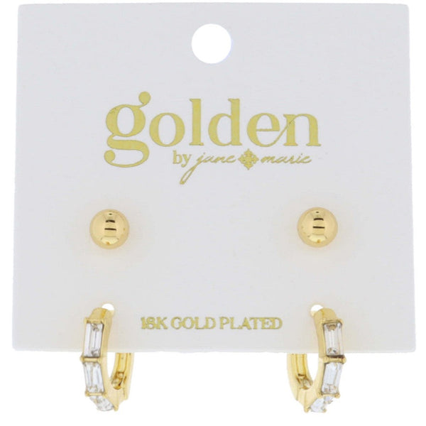 18K Gold Ball Stud, Hoop Baguette Earrings
