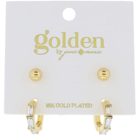 18K Gold Ball Stud, Hoop Baguette Earrings