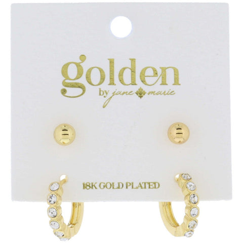 18K Gold Ball Stud, Crystal Hoop Earrings