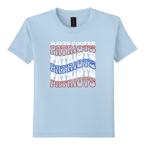 Light blue t-shirt with 'Patriots' text in red and blue on a white background