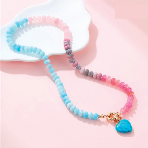 Natural Stone Semi-Precious Glass Mixed Heart Necklace: Turq