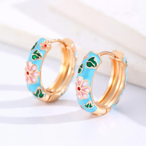 Vintage Cloisonne Floral Hoops
