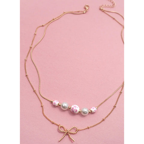 Pink Ceramic Bow Layer Necklace