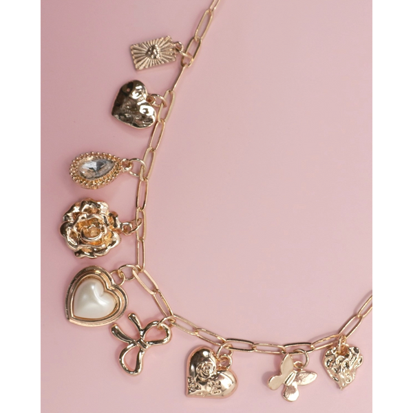 Charm Necklace: Bow Heart Rhinestone