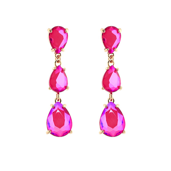 Linked 3 Stone Teardrop Earrings: Fuchsia