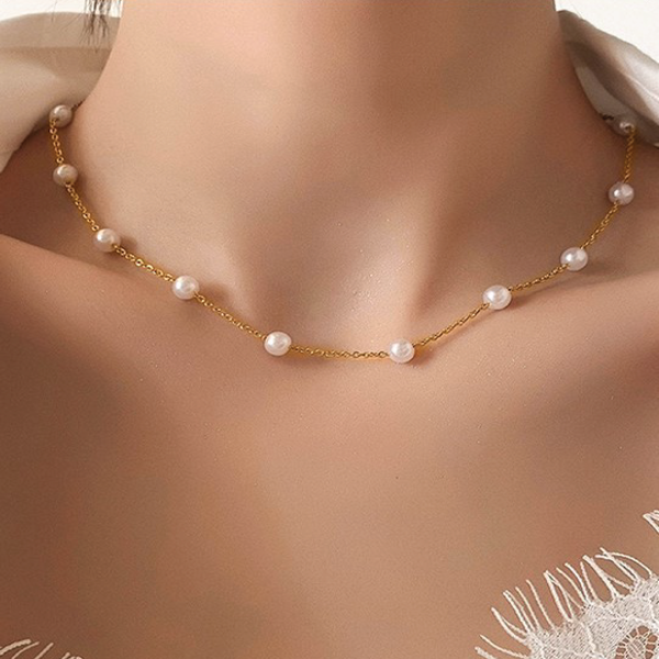 Titanium Steel Pearl Station Necklace