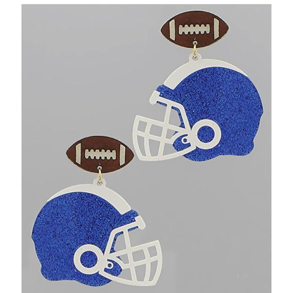 Blue and White Glitter Acrylic Football Helmet Earrings