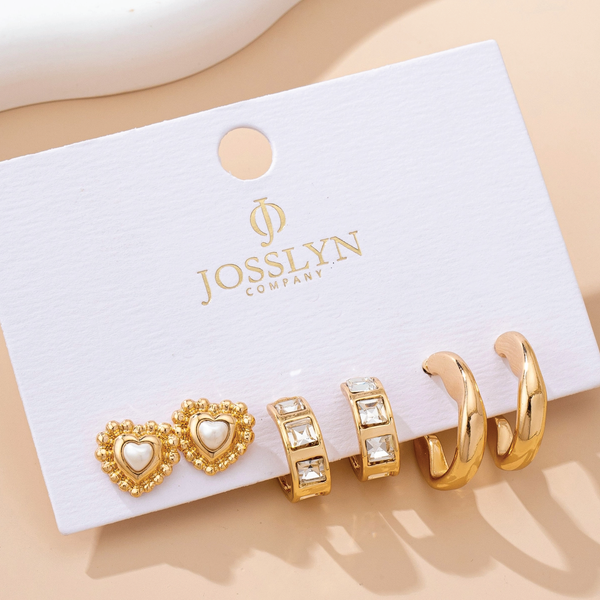 Pearl Heart & Rhinestone Huggie Hoop Trio
