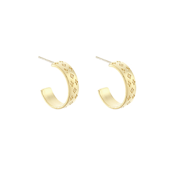 Engraved Gold Clover Hoops