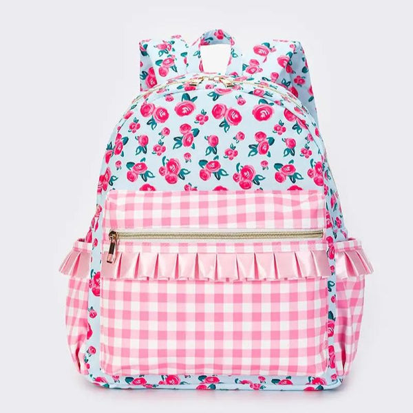 Pink Checkered Ruffle Backpack