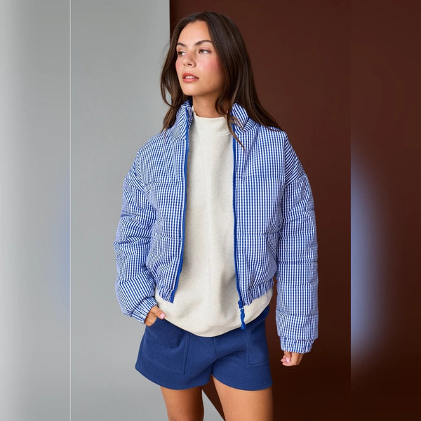 Blue Gingham Puffer Jacket