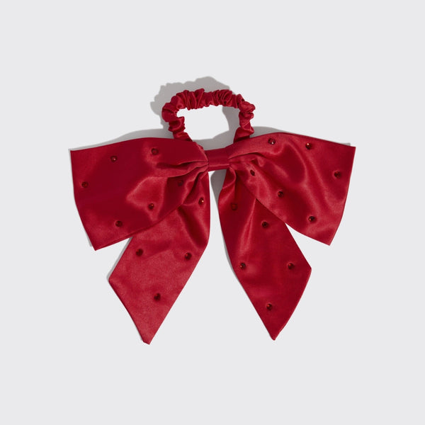 Holiday Satin & Rhinestone Bow Scrunchie
