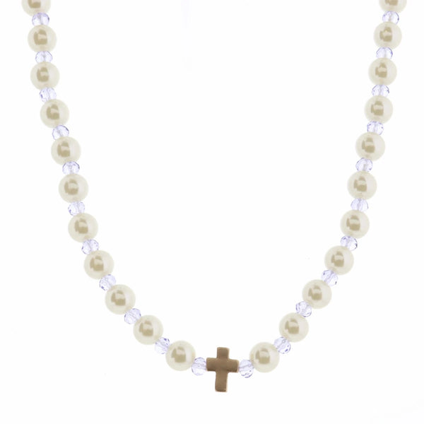 Pearl & Lavender Beaded Cross Necklace