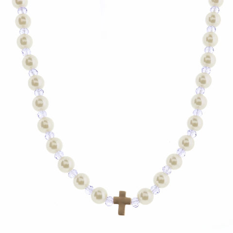 Pearl & Lavender Beaded Cross Necklace