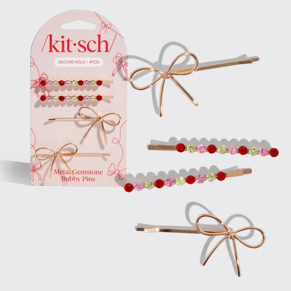 Holiday Gemstone & Bow Bobby Pin Set
