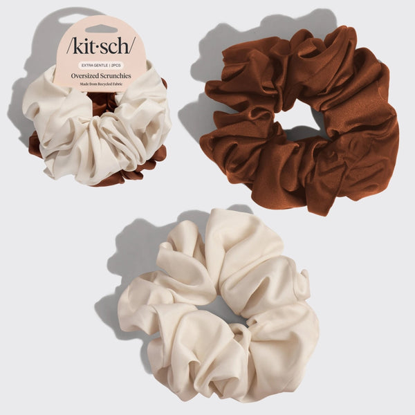 Oversized Satin Scrunchie Set: Cream & Camel