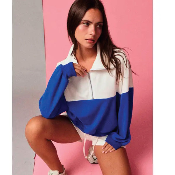Relaxed Fit Blue and White Colorblock 1/2 Zip