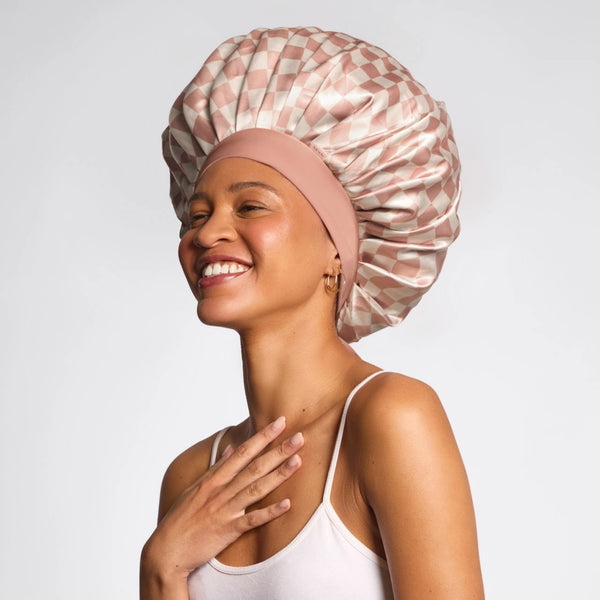 Adjustable Oversized Satin Bonnet - Check