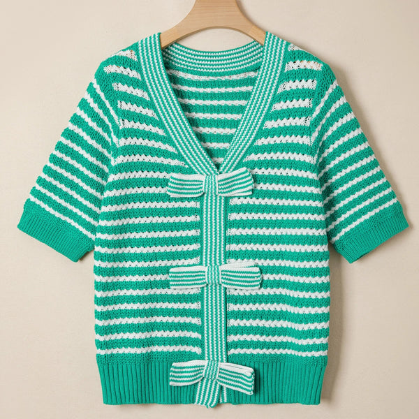 Green and White Short Sleeve Bow Sweater