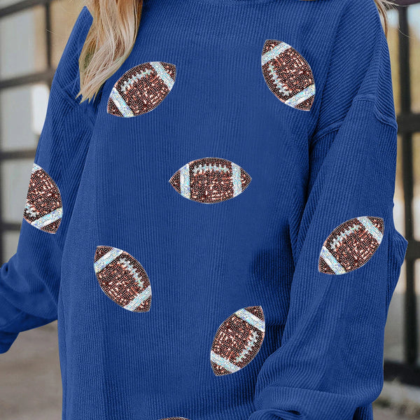 Blue Corded Sequin Football Sweatshirt