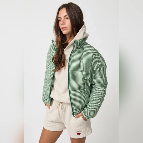 Green Gingham Puffer Jacket
