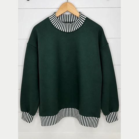 Dark Green Stripe Mock Neck