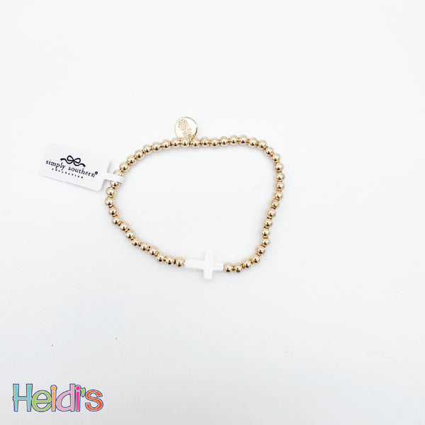 Simply Southern Beaded Bracelet: Gold with White Cross
